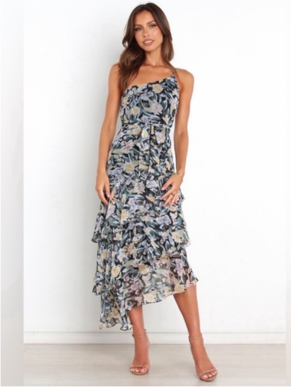 Petal & Pup Amren One Shoulder Floral Tiered Midi Dress A-Line Size 10